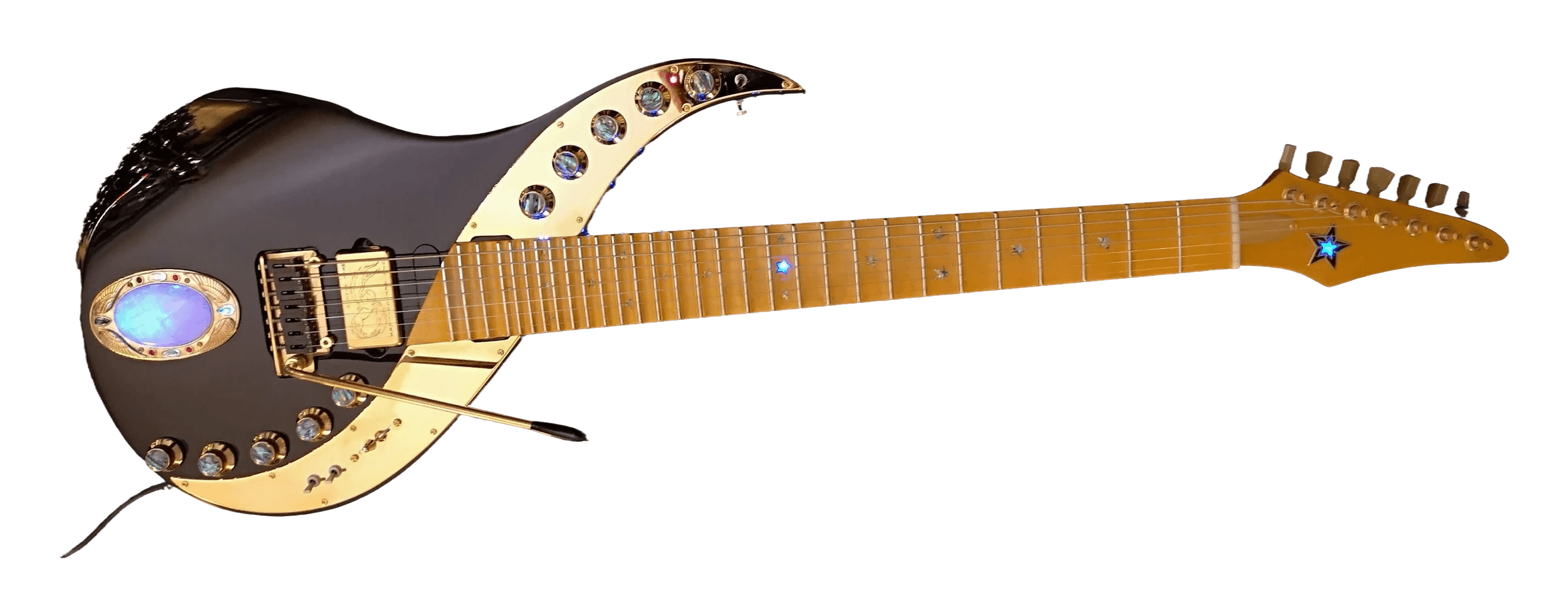 Sky Guitar Galaxy Dragon «Excalibur»: cuerpo negro, medialuna dorada y diapasón de arce